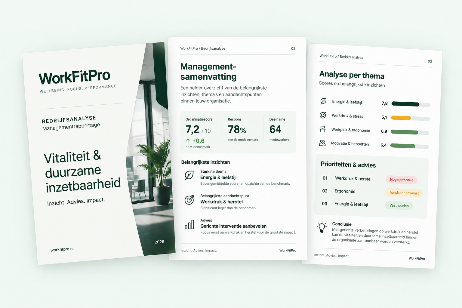 Voorbeeldweergave van een WorkFitPro-managementrapport met cover, managementsamenvatting en analyse per thema
